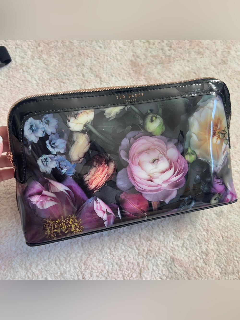 Ted Baker Black Floral Glossy Cosmetic Case with Rose Gold Zipper